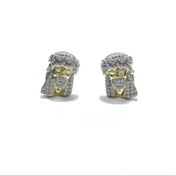 Sterling Silver ICED OUT JESUS FACE STUD EARRINGS - Picture 2 of 7